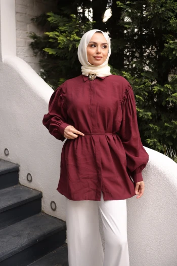 Bordo Bel Bağlamalı Broşlu Modal Tunik