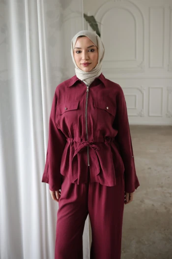 Bordo Bel Bağlamalı Ceket Pantolonlu Takım