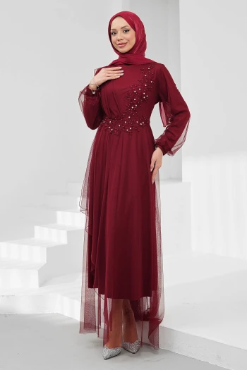 Bordo Büyük Beden Güpürlü Abiye