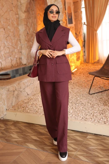 Bordo Çift Cepli Kemerli Yelek Pantolonlu Takım