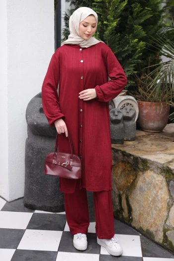 Bordo Düğmeli Tunik Pantolonlu Bürümcük Takım