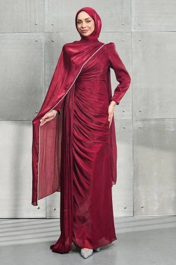 Bordo İnci Pelerinli Önü Büzgülü Abiye