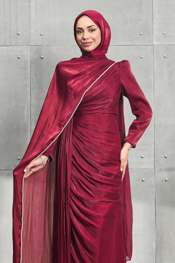 Bordo İnci Pelerinli Önü Büzgülü Abiye