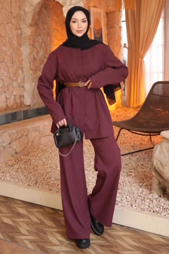 Bordo Kemerli Ceket Pantolonlu Takım