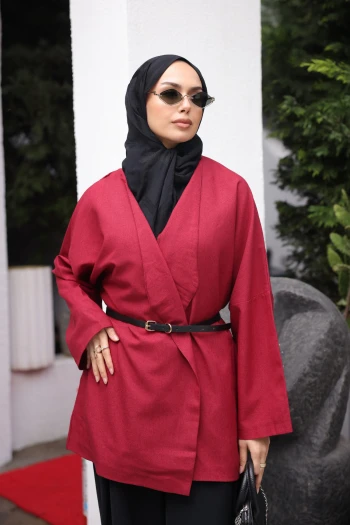 Bordo Kemerli Kruvaze Yaka Salaş Ceket