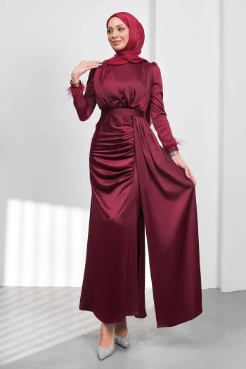 Bordo Kemerli Önü Drapeli Balık Model Saten Abiye