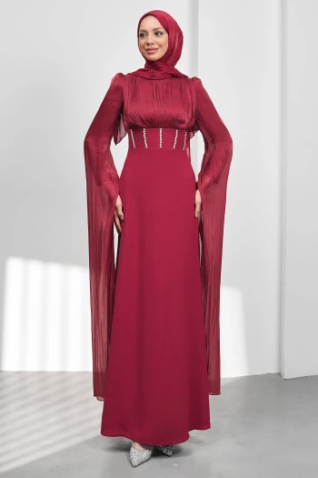Bordo Kol Detaylı Balık Model Taşlı Abiye