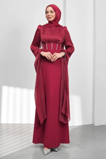 Bordo Kol Detaylı Balık Model Taşlı Abiye