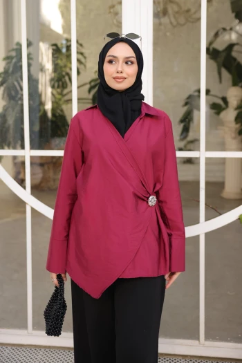 Bordo Kruvaze Yaka Bel Detaylı Tunik