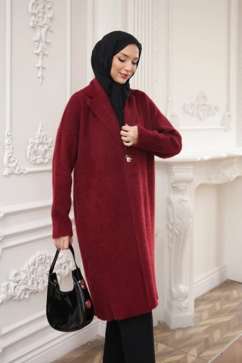 Bordo Tek Düğmeli Angora Yumoş Triko Hırka