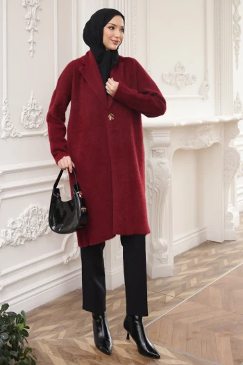 Bordo Tek Düğmeli Angora Yumoş Triko Hırka