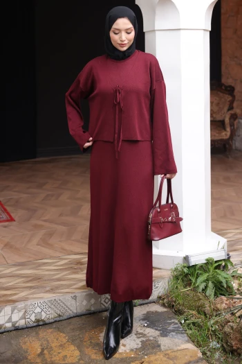Bordo Triko Hırka Elbise İkili Kombin Takım