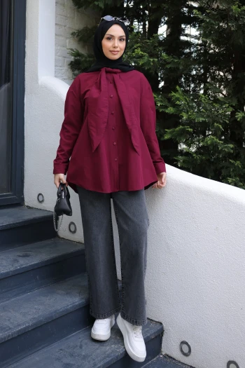 Bordo Yaka Bağlamalı Poplin Gömlek