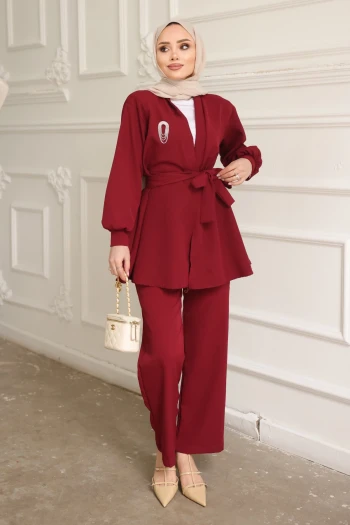Bordo Yaka Bronş Detaylı  Tunik Pantolonlu Takım