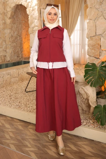 Bordo Yelek Gömlek Etek Üçlü Takım