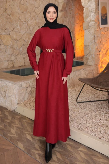 Bordo Zincir Kuşaklı Fitilli Uzun Elbise