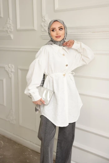 Ekru Kendinden Desenli İp Detaylı Gömlek