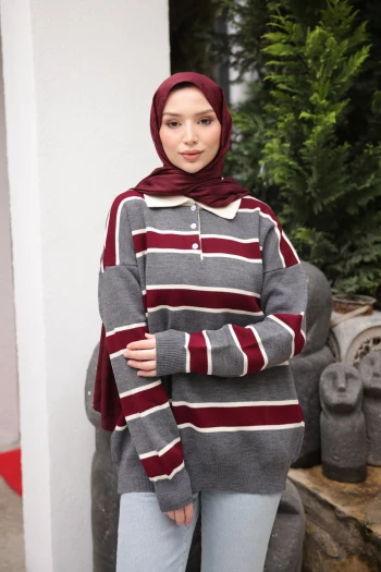 Füme Çizgili Yakalı Triko Kazak