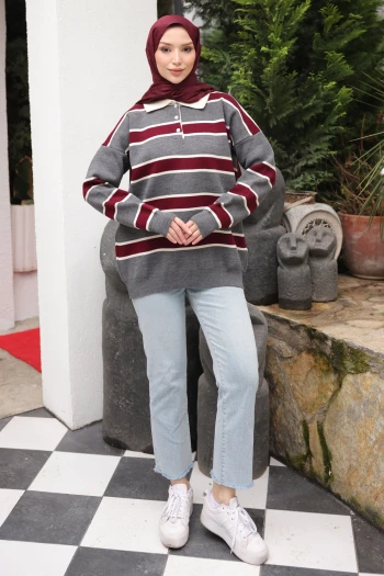 Füme Çizgili Yakalı Triko Kazak