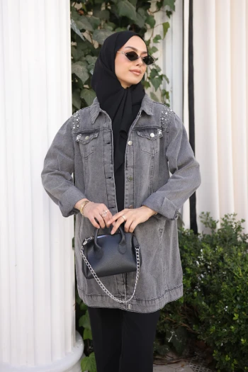 Füme İnci İşlemeli Kot Ceket