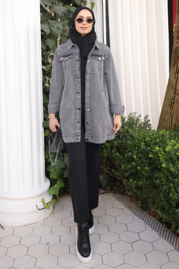 Füme İnci İşlemeli Kot Ceket