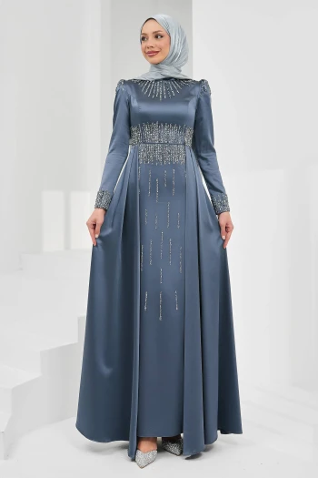 Füme Önü Taşlı Saten Abiye