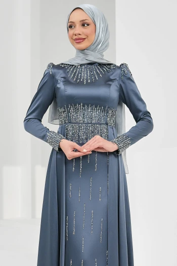 Füme Önü Taşlı Saten Abiye