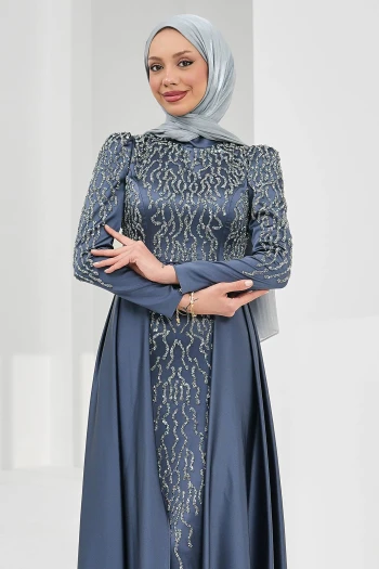 Füme Önü Taşlı Saten Abiye