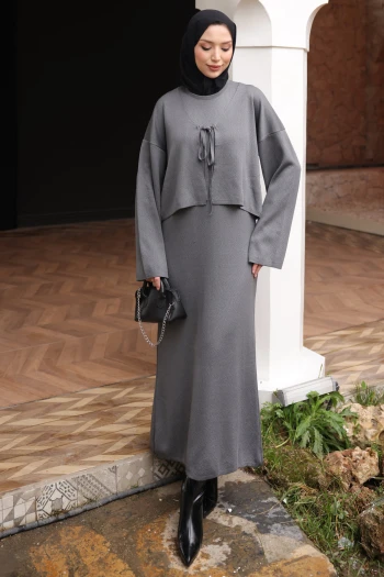 Füme Triko Hırka Elbise İkili Kombin Takım