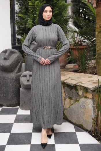 Füme Zincir Kemerli Fırfırlı Gofre Elbise