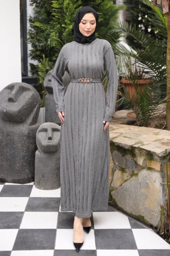 Füme Zincir Kemerli Fırfırlı Gofre Elbise