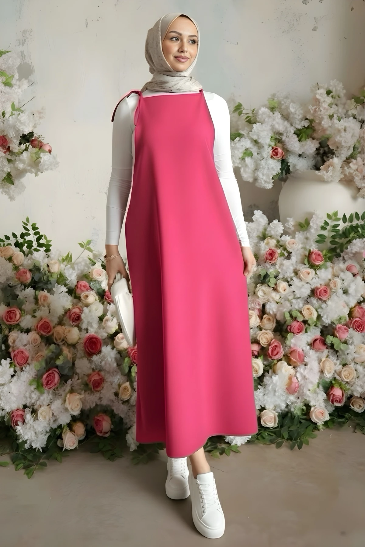 Fuşya İp Askılı Jile Elbise