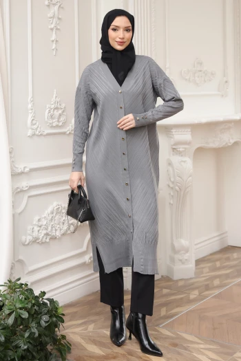 Gri Soğuk İplik Düğmeli Triko Hırka