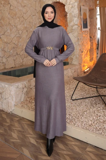 Gri Zincir Kuşaklı Fitilli Uzun Elbise