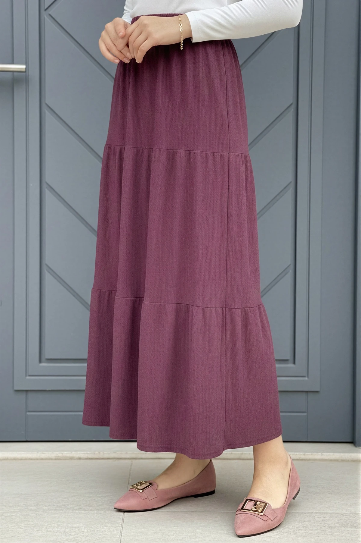 Gül Kurusu Eteği Katlı Bel Lastikli Bürümcük Etek