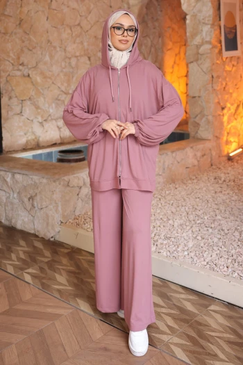 Gül Kurusu Fermuarlı Kapüşonlu Tunik Pantolonlu Modal Takım