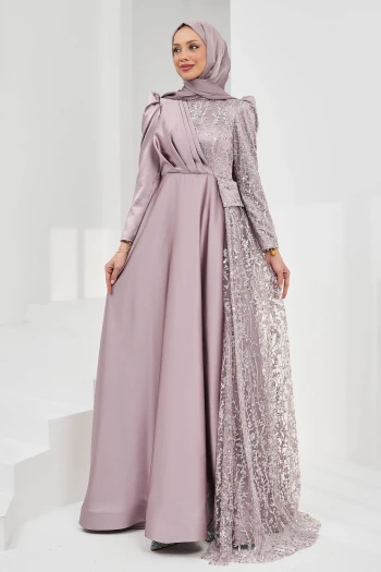 Gül Kurusu Önü Drapeli Pul Payetli Saten Abiye