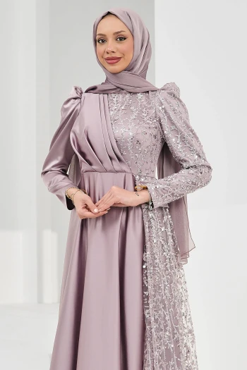 Gül Kurusu Önü Drapeli Pul Payetli Saten Abiye