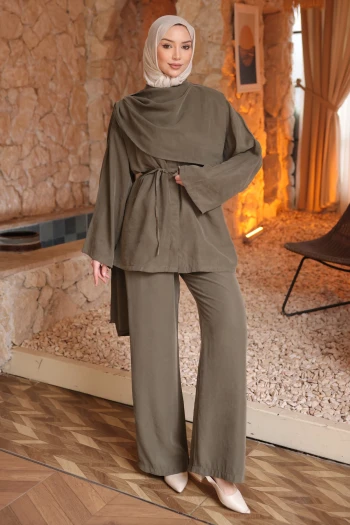Haki Atkı Detaylı Tunik Pantolonlu Takım
