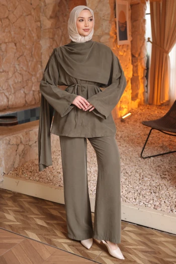 Haki Atkı Detaylı Tunik Pantolonlu Takım