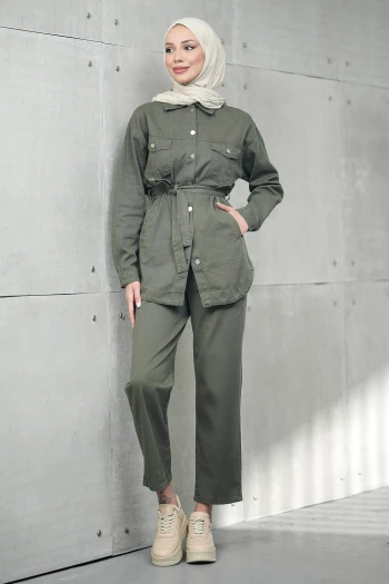 Haki Bel Bağlamalı Cepli Ceket Pantolonlu Kot Takım