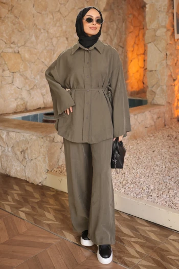 Haki Bel Bağlamalı Tunik Pantolonlu Modal Takım