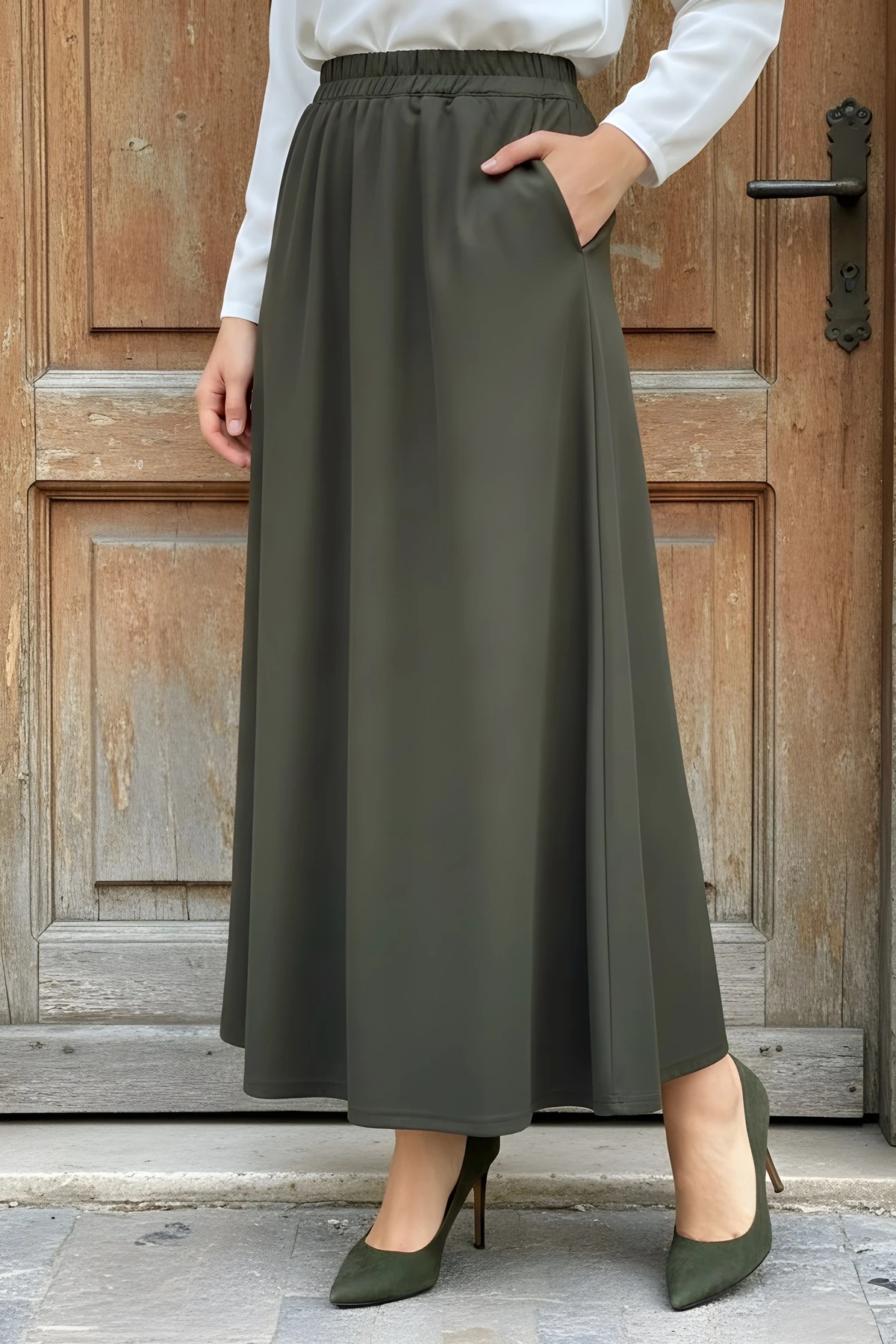 Haki Bel Lastikli Cepli Kloş Etek