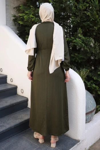 Haki Bisiklet Yaka Bel Ve Kol Lastikli Bürümcük Elbise