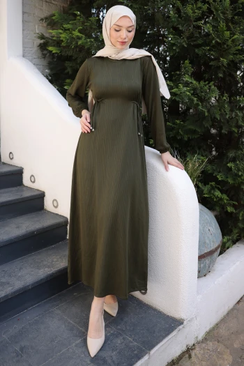 Haki Bisiklet Yaka Bel Ve Kol Lastikli Bürümcük Elbise