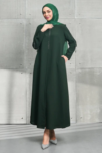 Haki Bisiklet Yaka Taşlı Fermuarlı Ferace