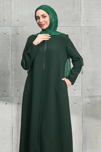 Haki Bisiklet Yaka Taşlı Fermuarlı Ferace