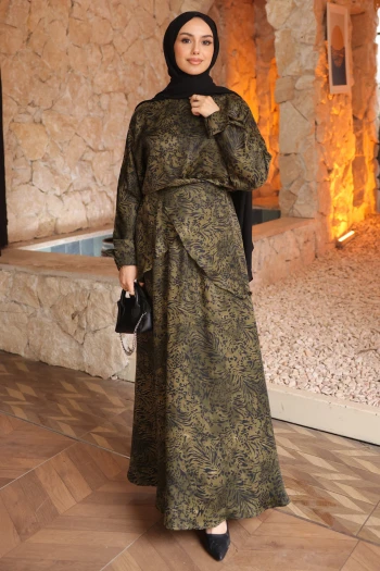 Haki Desenli Ön Bağlamalı Saten Bluz Etekli Takım