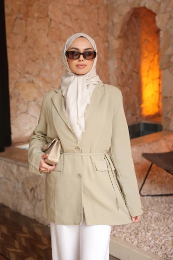 Haki Düğmeli İp Detaylı Astarlı Ceket