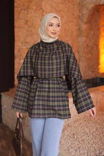 Haki Ekose Desen Bel Bağlamalı Şal Detay Tunik